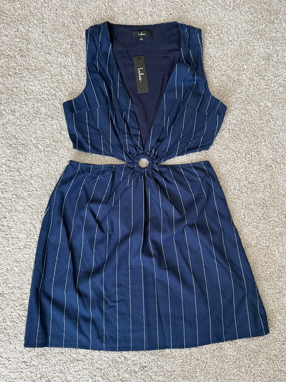Lulus Navy Pinstripe Cutout Mini Dress – NWT Women’s Size L